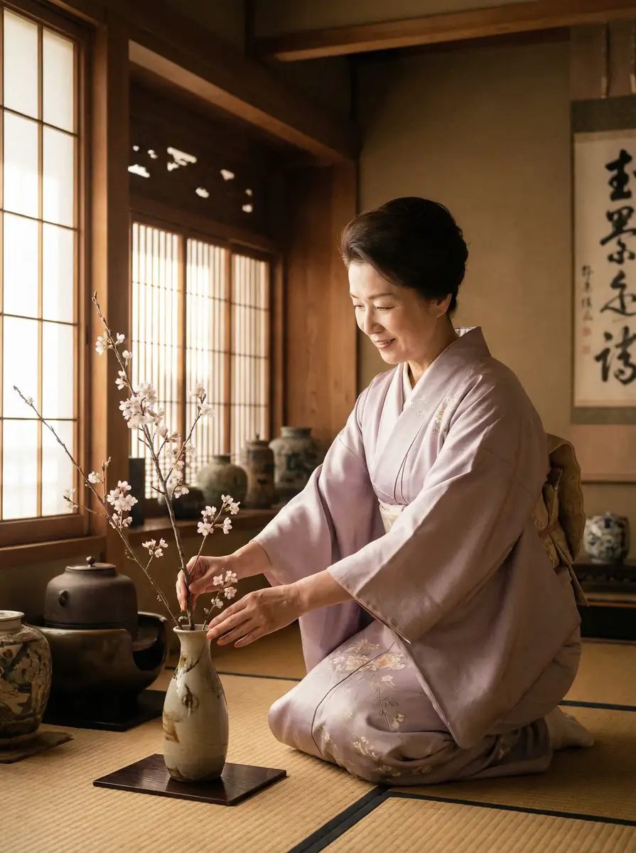 一位优雅的 莱茵体育app 在和室中插花
