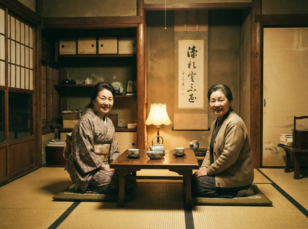 两位优雅的 莱茵体育app 在日式茶室中品茶交谈